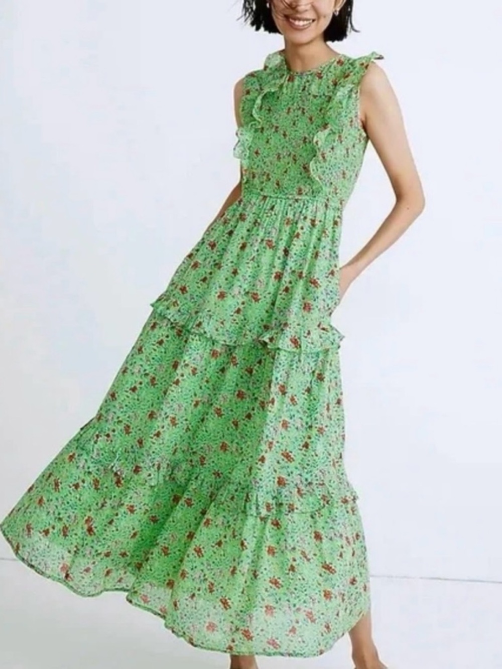 Banjanan Iris Green Pink + Orange Siesta Bud Print  Ruffle-Tier Maxi Dress.XL